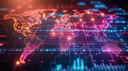 Abstract digital world map with glowing connections and data points, representing global communication, technology, and data network.