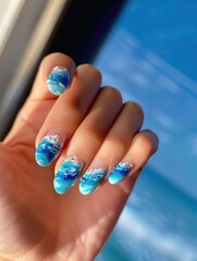 Hand with ocean wave nail art on a sunny day