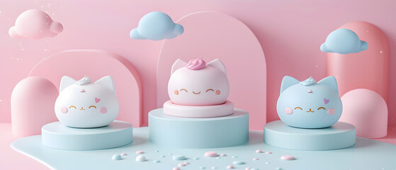 set of Adorable clay ,a cup cake of different varieties, muted pastels, 3D clay icon, Blender 3d, kawaii sweet cake, cute desert