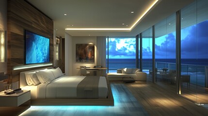 Modern beachfront hotel room at twilight with ocean views and elegant design elements