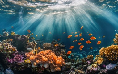 Fototapeta premium Generative AI of Sunlit Coral Reef and Tropical Fish Concept for Underwater Photography, Marine Ecology Studies, and Eco-Tourism Destinations