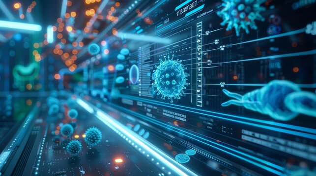 Futuristic digital medical interface with DNA strands and virus cells, showcasing advanced biotechnology research and development in a laboratory setting.