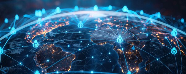 Global network connectivity concept with Earth seen from space, illuminated by digital connections and glowing nodes, showcasing technology.