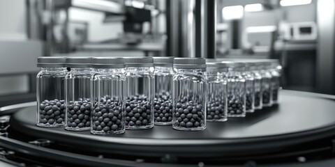 Black beans in various jars on a moving conveyor belt, suitable for use in images about food, industry, or logistics