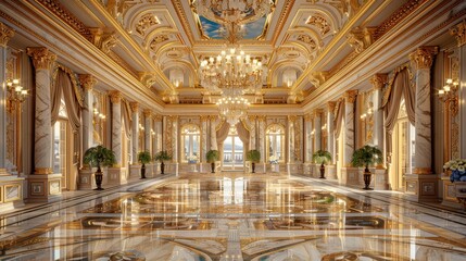 Obraz premium Luxurious grand hall with ornate chandeliers, detailed ceiling, and marble flooring in a classic, elegant, and opulent interior setting.
