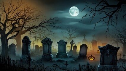 Halloween party border. Halloween night spooky background with pumpkins and flying bats. Creepy Halloween Graveyard. Halloween Background Suitable for Invitation Card Background