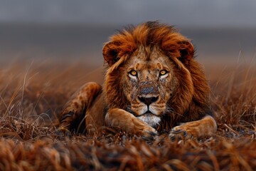 A lion lies down in a field of dry brown grasses, staring ahead with a focused and piercing gaze, exemplifying power and intense focus in its natural habitat.