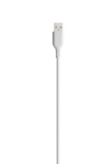 White cable for charging and synchronization with Type - C, USB, Micro USB, Lightning connectors on a white background close up
