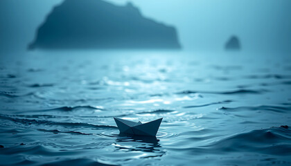 Fototapeta premium metaphoric Paper Boat Floating Under a Misty Blue Sky, challenge