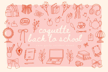 Collection of coquette girly back-to-school stationery and accessories. Hand drawn doodle illustrations, charming vintage designs on a soft pink background