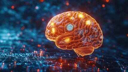3D rendering of a brain with highlighted regions, showing different areas responsible for cognitive functions, set against a dark, abstract background
