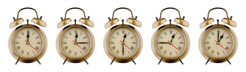 Alarm clock set, vintage clock with time period 00:00, 00:15, 00:30, 00:45, 01:00 a.m., p.m....
