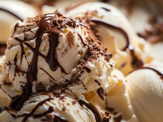 Decadent Delight: Vanilla Ice Cream with Chocolate Shavings and Drizzle