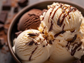 Decadent Delight: Vanilla Ice Cream with Chocolate Shavings and Drizzle