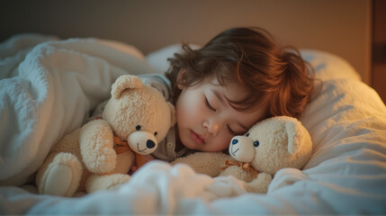 A serene image of a young child sleeping peacefully in bed, cuddling soft teddy bears. The warm, soft lighting creates a cozy and comforting atmosphere.