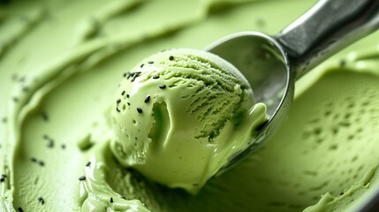 Matcha Mastery: Close-Up of Green Tea Ice Cream Being Scooped