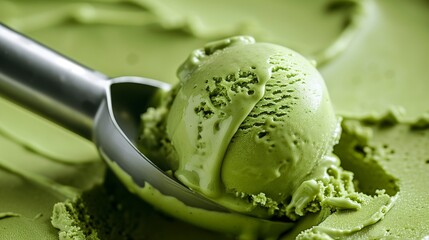 Matcha Mastery: Close-Up of Green Tea Ice Cream Being Scooped