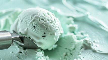 Minty Freshness: Intense Close-Up of a Mint Ice Cream Scoop