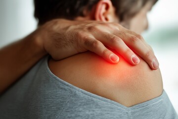 Close-up of a man's hand massaging his own shoulder, highlighting a red area to indicate pain or discomfort.