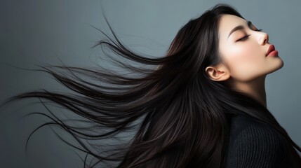 Naklejka premium A graceful model showcases her smooth hair, exuding elegance and confidence