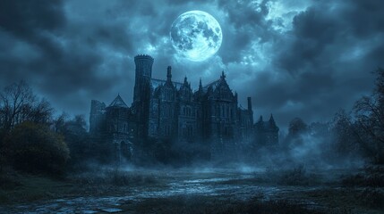 Naklejka premium Mysterious Medieval Castle Under Moonlit Sky