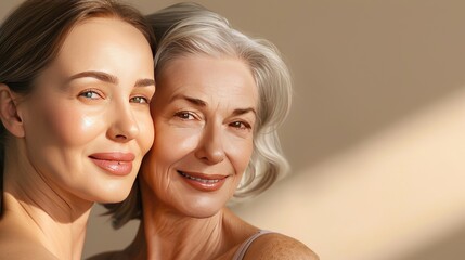 Tender smiling daughter lovingly hugs her elderly mother by the shoulders. Beauty portrait of beautiful women of two generations on beige background.