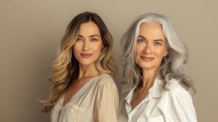 Tender smiling daughter lovingly hugs her elderly mother by the shoulders. Beauty portrait of beautiful women of two generations on beige background.