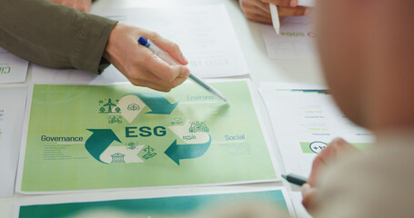 Closeup group Asia businesspeople talk ESG strategies risk management workshop, SDGs report, global...