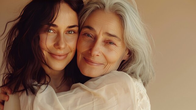 Tender smiling daughter lovingly hugs her elderly mother by the shoulders. Beauty portrait of beautiful women of two generations on beige background.