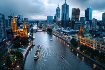 Fototapeta premium This scenic cityscape photo captures a river cutting through the heart of a city, flanked by vibrant buildings and bustling activity along the river banks during twilight.