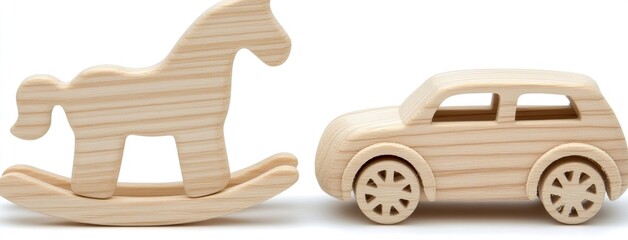 Vintage wooden rocking horse and car for children's playtime in a bright setting