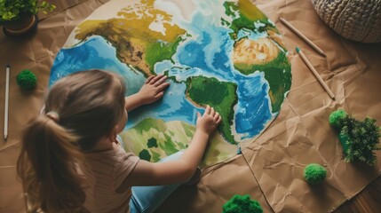 Young girl crafting colorful Earth map on brown paper.