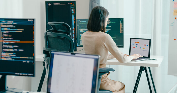 Young adult Asia female freelance eyeglasses typing write prompt AI bot IT app smart program nomad, video game, terminal with coding, user interface, designer, big data center on desktop computer.