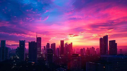Fototapeta premium A vibrant sunrise over a city skyline, with skyscrapers silhouetted against a colorful sky.