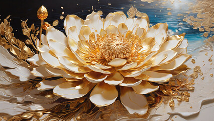 An abstract floral oil painting,with a golden burst of blooms.