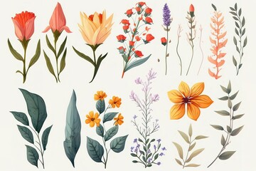 Set of watercolor illustrations featuring various flowers and branches.