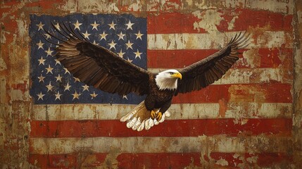 Naklejka premium Majestic eagle soaring against a weathered American flag, symbolizing freedom and strength in a beautiful composition.