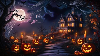 Fototapeta premium Halloween party border. Halloween night spooky background with pumpkins and flying bats. Creepy Halloween Graveyard. Halloween Background Suitable for Invitation Card Background