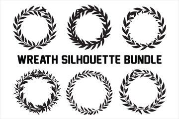 Hand Drawn Wreath set. Set of circle floral Wreath frame with black silhouettes. Floral wreaths Vector illustration.