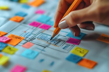 A hand holding a pencil draws on a paper covered with colorful sticky notes and sketches, indicating planning and brainstorming processes