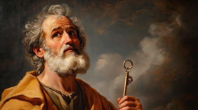 Saint Peter with the key to heaven in a dramatic celestial setting