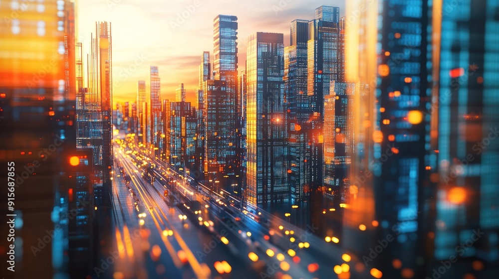 Poster 3d cityscape with digital skyscrapers and traffic, representing big data and cyber security concepts