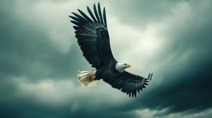 Fototapeta premium A bald eagle soaring through a cloudy sky