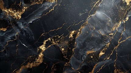 Detailed view of luxurious black marble with gold veins, under soft natural lighting to enhance the opulent patterns. --ar 16:9 --v 6.0 --s 250 --style raw