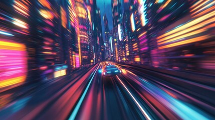 3D illustration of a hyperloop in warp speed amidst a glowing mega city. Blurred lights from buildings add to the next-gen technology theme.