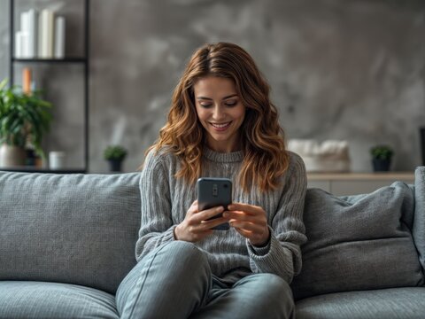 Mulher sentada em seu sofá imerso ao mundo digital como redes sociais e sites de compras em seu smartphone