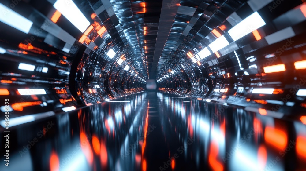 Poster 3d illustration of a reflective tunnel with glowing lights, creating an endless visual effect.