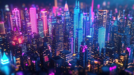 Fototapeta premium 3D illustration of a night city with glowing neon lights and vivid colors. Skyscrapers, buildings, and downtown architecture.