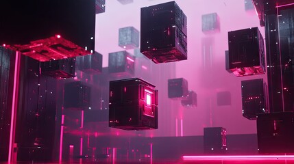 3D illustration of a sci-fi space station composed of floating cubes.