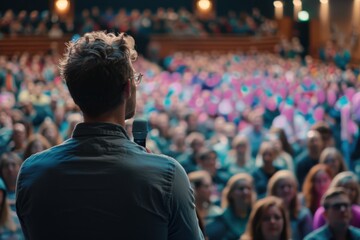 A man with curly hair and glasses is seen from behind, holding a microphone and addressing a large, engaged audience in a packed auditorium during a speech.